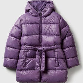 Resim Benetton Kız Çocuk Mor Kolu Simli Logolu Beli Bağlamalı Kapüşonlu Dolgulu Mont - 11-12 Yaş 