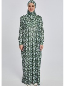 Resim Manolyaşal İslamic Hijab Pratik Tek Parça Manolya Desenli Namaz Elbisesi Haki 