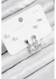 Resim Pirinç Zirkon Taşlı Sallantılı Damla Model Gümüş Renk 925 Ayar Gümüş Çivi Kadın Küpe Set - Tj-bkp11171 Çok Renkli 