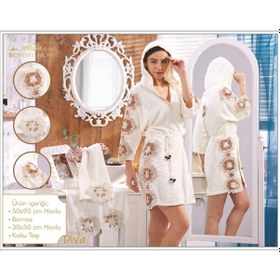 Resim Diva Krem Bayan Fransız Dantelli Balayı Çeyizlik Bornoz Seti 