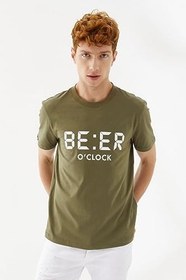 Resim Beer OClock Baskılı Bisiklet Yaka Regular Fit Tişört Haki 