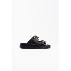 Resim Nare Siyah Çift Bantlı Toka Detaylı Kadın Terlik Siyah 