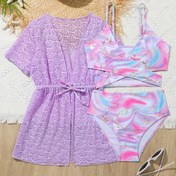 Resim Kızlar Tatlı Bikini ve File Kapaklı Gömlek Seti Tümü Gradient Renk Baskı Bağcıklı Trendy Mayo 