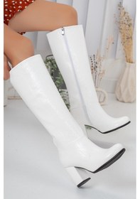 Resim Dilimler Ayakkabı Kırışık Rugan Beyaz Kadın Topuklu Çizme-638-Beyaz 