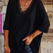 Resim Elegant Plus Size Kırmızı T-Shirt, Dantel Trim V-Neck, Kısa Kollu ve Ruffle Detail - Orta Esneklik, Tüm Mevsimler İçin Düz Renk, Her Şey İçin Şık Üst | Ruffle Detail Shirt | Orta Esneklikli Kumaş 