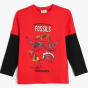 Resim Erkek Çocuk Dinozor Baskılı Pamuklu Uzun Kollu Bisiklet Yaka Tişört 