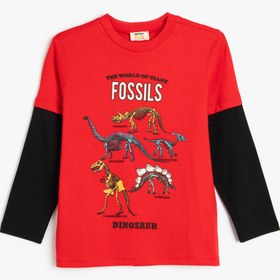 Resim Erkek Çocuk Dinozor Baskılı Pamuklu Uzun Kollu Bisiklet Yaka Tişört 