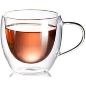Resim Neskafe Çay Fincanı Çift Cidarlı Cam Kupa 250 Ml Kulplu Cam Bardak 1 Adet - 12037 Açık Altın 