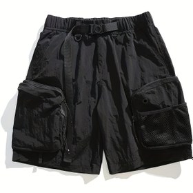 Resim Erkekler için Büyük Cep Detaylı Zeytin Yeşili Kargo Şortları - Vintage Tarz, Orta Bel, Esnek Olmayan Polyester, Günlük Kullanım İçin Uygun, Dış Mekan Aktiviteleri İçin Fonksiyonel Tasarım 