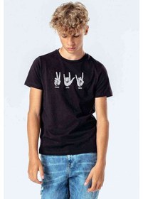 Resim Peace Love Rock Baskılı Unisex Çocuk Siyah Tshirt 