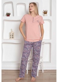 Resim Alimer Kadın Çiçek Desen Bisiklet Yaka 3 Düğmeli Kısa Kol Cepli Pijama Takımı Pudra 