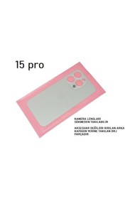 Resim Tkgz Apple Uyumlu iPhone 15 Pro Arka Pil Batarya Kapağı - Cam Kapak Geniş Lens Deliği - Gri Çok Renkli 