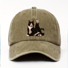 Resim Kısa Kedi Baskılı Vintage Yıkanmış Beyzbol Şapkası - Erkekler & Kadınlar için Ayarlanabilir Kıvrık Kenarlı Hafif Unisex Şapka, Günlük Dış Giyim, Kedi Şapkası, Kolay Bakım Başlık, Eğlenceli Tasarım, Dayanıklı Başlık, Sokak Modası, Nefes Alabilen Kumaş, Sokak Stili 