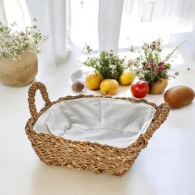 Resim El Yapımı Hasır Kulplu Çok Amaçlı Dekoratif Kare Sepet, Hasır Kulplu Ekmek Sepeti (25X25X8 Cm) 