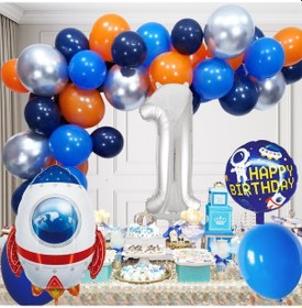 Resim 1 Yaş Uzay Temalı Doğum Günü Seti Uzay Mekiği Happy Birthday Yazı Renkli Balonlar Gümüş Folyo Rakam Çok Renkli 