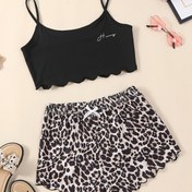 Resim Leopar Desenli Şortlu Seksi Harf Baskılı Sütyen Üstü Pijama Takımı 