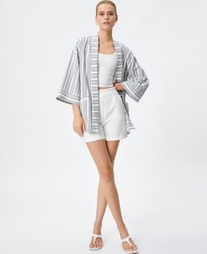 Resim Koton Keten Karışımlı Kimono Cep Detaylı Yarım Kollu Çizgili Multi Renkli 3sak50039ew 3SAK50039EWCSM Çok Renkli 