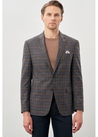 Resim İmza Füme Ekose Desen Bez Ayağı Mono Yaka Tam Astar Esnek 6 Drop Slim Fit Classic Ceket 1002245160 Füme 