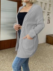 Resim Aqe Fashion Örgü Şeritli Rahat Kalıp Esnek Cepli Kadın Gri Triko Hırka Gri 