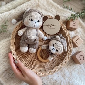 Resim Amigurumi Uykucu Ayıcık Bebek Seti - 3 Parça Deluxe Bebek Seti 