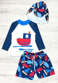 Resim My Kids Wear Güneş Korumalı Boneli Karakter Desenli Deniz Şortlu Mayo Takım Kiremit 