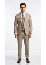 Resim Erkek Slim Fit Takım Elbise Yelekli Modern Kesim Likralı Esnek Kumaş Kırışmaz Şık Düğün Davet Takımı Bej 