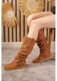 Resim Günlük Kadın Diz Altı Çizme Körüklü Alçak Topuklu Tırtıklı Tabanlı Kürklü Astarlı Püskül Detay 1045 TABA SÜET 