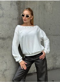Resim Delikli Kenarlı Omuzları Açık Uzun Kollu Sweatshirt Ekru 