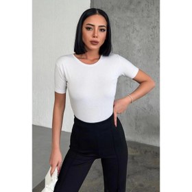 Resim Rahat Ve Şık Kısa Kollu Bisiklet Yaka Likralı Viskon Penye Body Beyaz 