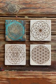 Resim Oscar Stone Decor Taş Bardak Altlığı Stone Coasters 4Lü Set Lotus Sri Yantra Yaşam Çiçeği Ba545 