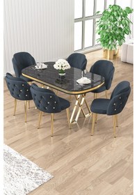 Resim Canisa Zae Serisi 90x168 Lak Panel Siyah Mermer Desen Gold Ayak Masa Takımı 6 Antrasit Sandalye Masa Siyah Mermer Desen Sandalye Antrasit 