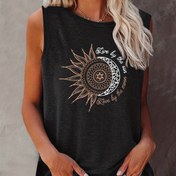 Resim Ay & Güneş Baskılı Crew Neck Tank Top, Yaz için Rahat Kolsuz Üst, Kadın Giyim 