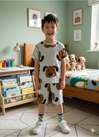 Resim Aliş Kids Erkek Çocuk Pamuklu Gri Sevimli Köpek Desenli Kısa Kollu Şortlu Yazlık Pijama Takımı 