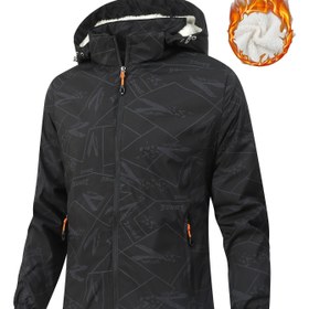 Resim Kadınların Polar Kaplı Rüzgarlık Ceket, Fermuarlı Softshell Dış Mekan Spor Ceketi, Yürüyüş ve Koşu için Sıcaklık, Mavi ve Beyaz Grafik Tasarımıyla Siyah, Kış Ceketi 