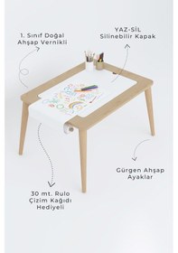 Resim Ahşap Oyun Aktivite Masası 2 Sandalyeli Suya Karşı Dayanıklı Çocuk Masası Masa + 2 Adet Panda Sandalye Çok Renkli 