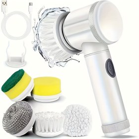 Resim 5 Değiştirilebilir Fırça Başlıklı 5'i 1 Arada Elektrikli Döner Temizleyici - Kablosuz, USB Şarj Edilebilir, Elde Taşınabilir Temizlik Fırçası Banyo, Mutfak, Küvet, Fayans ve Duş için - Yumuşak Kıllar, Lityum Pil, Taşınabilir Tasarım, Banyo Temizleyicisi | Şık Tasarım | Yumuşak Kıllı Temizleyici, Banyo Aksesuarları 