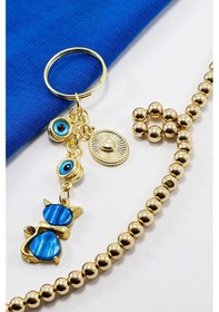 Resim Çerçeveli Nazar Boncuklu Salkım Lacivert Sedefli Kedicik Anahtarl 