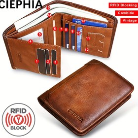 Resim 1 Adet CIEPHIA Kartlık veya RFID Engelleme Cüzdan - Erkekler İçin İnce Minimalist Vintage Deri Cüzdan, Hırsızlığa Karşı Koruma, Gerçek Sığır Derisi, Kompakt Bi/Katlamalı Tasarım, Kimlik Penceresi - Baba, Eş, Erkek Arkadaş için Hediye - RFID Koruma, Dayanıklı Dikiş 