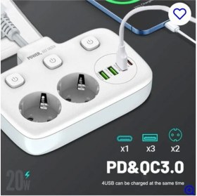Resim Vothoon Akım Korumalı 2'li Ayrı Anahtarlı Priz, 2x Priz, 3x USB, 1x Type-C, 2 mt Kablo, Hızlı Şarj 
