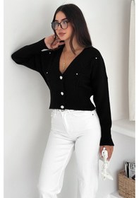 Resim Noa & Noa Kadın Çiçek Nakışlı Düğmeli Premium Hırka Romantik & Zarif Stil Siyah 