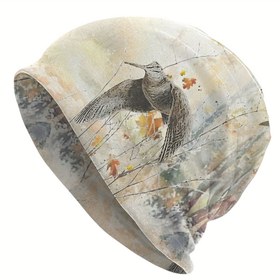 Resim Serene Forest Woodcock Bonnet Şapka Erkekler için - Sokak Stili Örgü Bere, Sanatsal Kuş ve Yaprak Tasarımı, Nefes Alabilen Polyester Karışımı, Rahat Giyim İçin Mükemmel, Sokak Giyim Şapkası | Doğa İlhamlı Tasarım | El Yapımı Örgü, Bonnet Şapka 