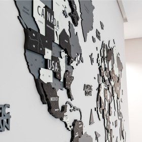 Resim 3D Ahşap Dünya Haritası - Gri, Siyah ve Krem Modern Duvar Dekoru - 200x107 cm / İngilizce 