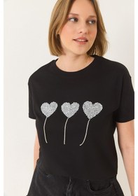 Resim Shade Kadın Taşlı Kalp Detaylı Kısa Kollu Pamuklu T-shirt 60602038 - Siyah 