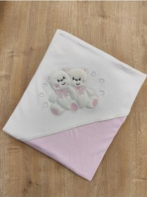 Resim %100 Pamuklu & Mevsimlik Bebek Battaniyesi - Kahverengi & Ayıcık Nakışlı Bebek Örtüsü 80x90 Cm Pembe 