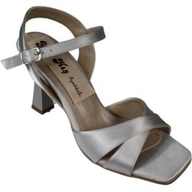 Resim Yazkış Kadın Siyah Gümüş Saten Çapraz Bantlı 9cm Kadeh Topuk Bilekten Bağlamalı Ayakkabı Gümüş 