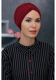 Resim Hürrem Bone Bordo Pratik Hazır Geçmeli Tesettür Bone Sandy Kumaş Taçlı Büzgül (545490257) Bordo 
