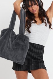 Resim fluffy Grey Laptop Tote / Kadın Peluş Toscana Bilgisayar Çantası 42x34 Sap 65 Cm 