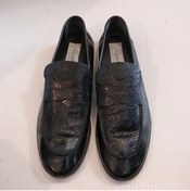 Resim Butik Tülin Uniseks Siyah Yarı Parlak Yılan Baskı Bantlı Yumuşak Ince Kauçuk Tabanlı Loafer Ayakkabı 