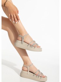 Resim 24422-1221 Bej Dolgu Topuk Kadın Sandalet Altın - Taba 