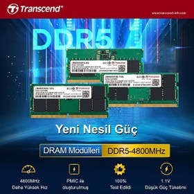 Resim Transcend 32GB(1X32GB) 4800MHZ Sodımm CL40 Ddr5 Notebook Ram (JM4800ASE-32G) 